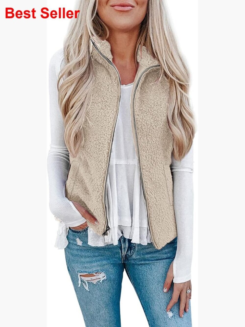 Fuzzy Sherpa Fleece Vest with Zipper and Pockets